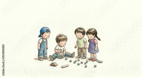 An enchanting portraying the innocent joy and simple pleasures of childhood as four young children gather together, engrossed in a classic game of colorful marbles