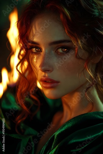 Woman in Green with Fire Background: 