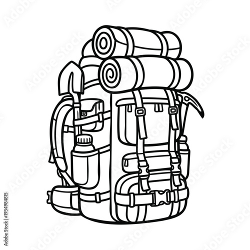 Detailed hiking backpack with rolled sleeping bags and water bottle