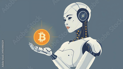 Vector illustration of Woman robot hold bitcoin