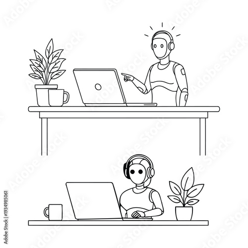 Remote workers collaborating online with laptops and headsets in modern workspace