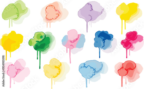 Colorful Dripping Ink Blot Set in Various Shades for Abstract Art and Design