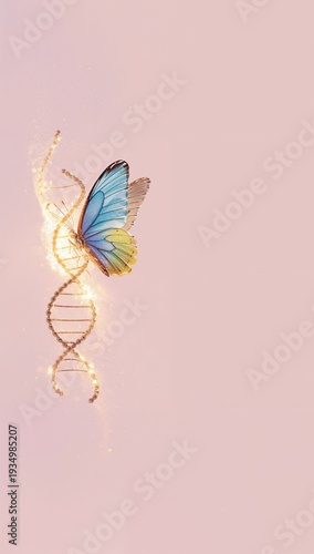 Butterfly resting on a sparkling DNA strand symbolizing genetic beauty