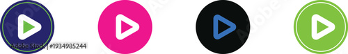 Set of four colorful play buttons icons in circles blue, magenta, black, and bright green