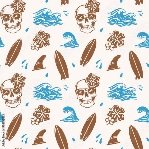 Seamless summer beach pattern featuring skull, tropical flowers, waves, surfboard with fin, and splashes in hand-drawn doodle style. Perfect for textiles, apparel, packaging, and decorative prints