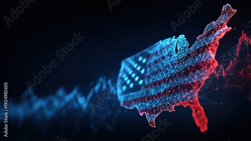 Political landscape of a nation, with a striking digital representation of its geographical outline. ..Created with Generative AI, not depicting real subjects.
