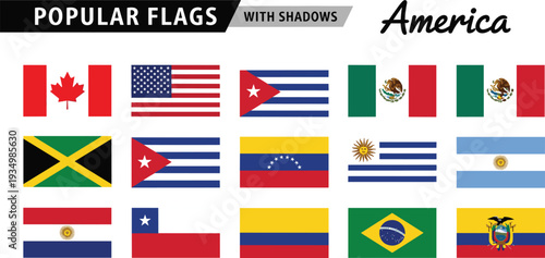 Popular American Country Flags Set with Shadows Including USA, Canada, Mexico, and More