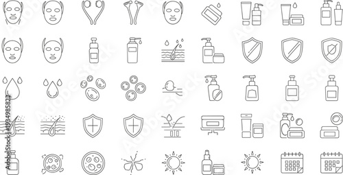 Hand Drawn Skincare Protection Icon Set with Sunscreen Lotion Face Masks Hygiene Products and Dermatology Outline Vector Collection