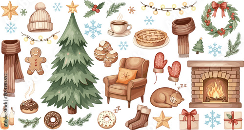 Christmas Holiday Elements Set with Tree, Gingerbread, Snowflakes, Gifts, and Cozy Winter Decorations"