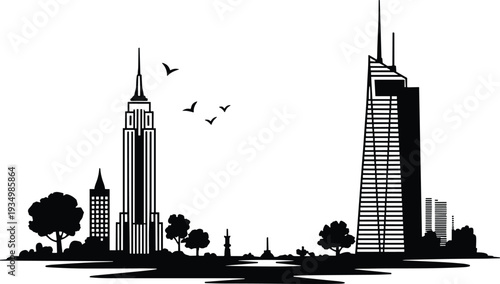 Black and white minimalist city skyline illustration, modern urban skyscraper silhouette with trees and birds vector graphic design