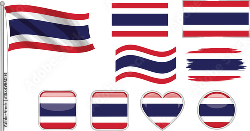 Thailand Flag Set in Various Shapes and Styles for Country, National, and Cultural Designs"