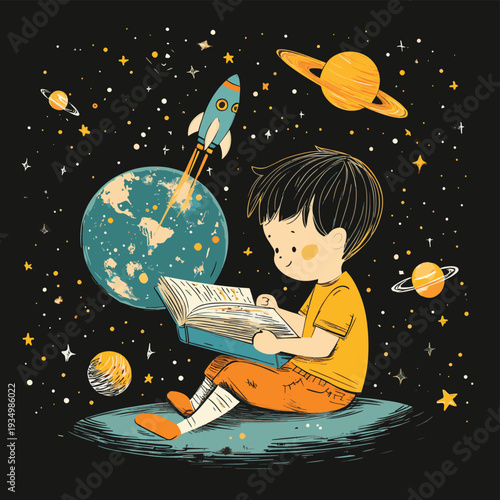 Curious young boy engrossed in reading a book