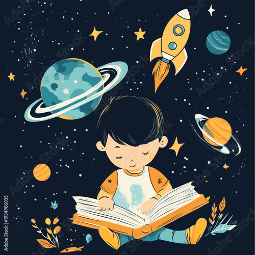 Curious young boy engrossed in reading a book