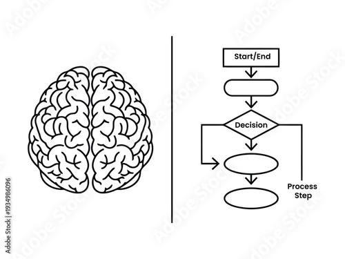 Brain with flowchart illustrating decision making process
