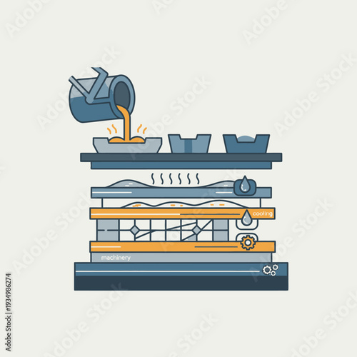 Industrial Casting Process: Molten Metal Poured into Molds, Cooling, and Machinery