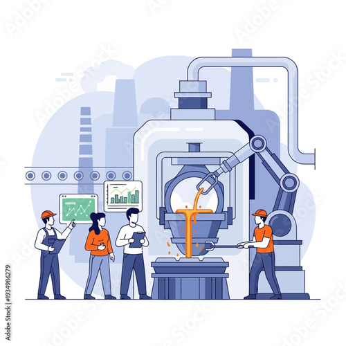 Industrial automation: workers monitor robotic arm in foundry casting molten metal
