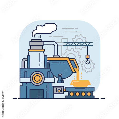 Industrial factory producing molten metal, gold bar casting, heavy machinery, manufacturing process