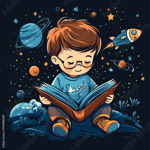 Curious young boy engrossed in reading a book
