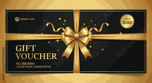 Gift Voucher Design with Golden Ribbon and $100 Value for Holiday, Promotion, and Marketing Campaigns