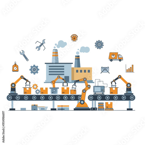 Automated factory production line with robotic arms, conveyor belts, and packaging