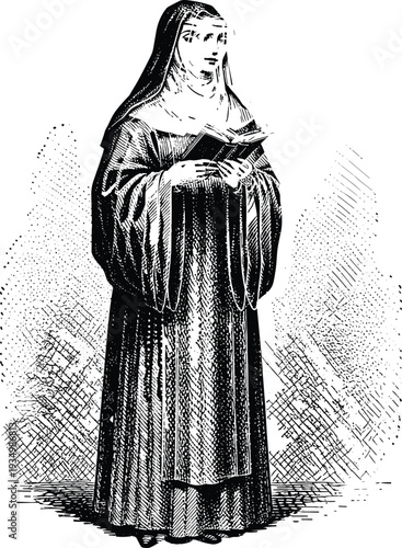Christian Nun Reading Book Vector Illustration in Vintage Engraving Style, Catholic Religious Spiritual Artwork Design