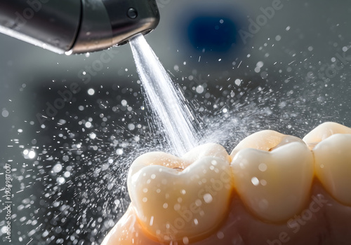 Macro image of a dental handpiece spraying water onto a tooth, creating a dynamic splash, isolated on transparent background, demonstrating dental cleaning and preparation techniques.