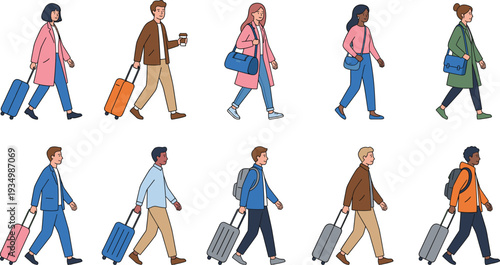 Travelers walking with luggage and backpacks airport passenger people travel lifestyle characters collection vector illustration