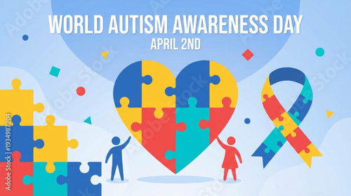 World Autism Awareness Day April 2nd Celebration with Puzzle Heart and Ribbon
