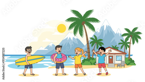 Group of four friends enjoying a summer vacation at a tropical beach with a surfboard, floatie, palm trees, and beautiful mountain lake views.