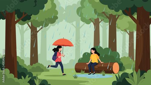 Two girls caught in a rainstorm in the forest where one sits on a log and the other runs toward her with a bright red umbrella for protection.