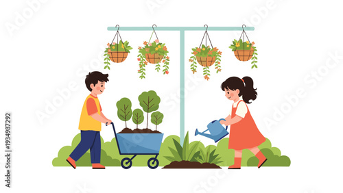 Boy and girl working together in a garden where the boy pushes a wheelbarrow with saplings and the girl waters hanging flower pots outdoors.