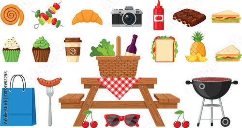 Picnic Set Illustration with Food, Drinks, BBQ, and Accessories for Outdoor, Summer, and Leisure Designs
