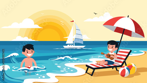 Happy boy relaxing on a beach chair and playing a ukulele while another boy swims in the blue ocean at sunset on a warm summer day vacation.
