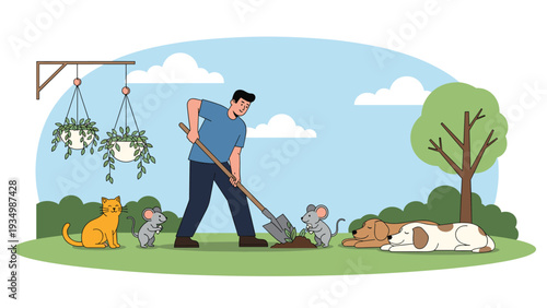 Friendly man digging in a garden with a shovel while several mice, a cat, and two dogs watch and play around him in a sunny park with trees.