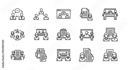 Diverse business team and human resources vector line icons for modern corporate communication and management graphic design