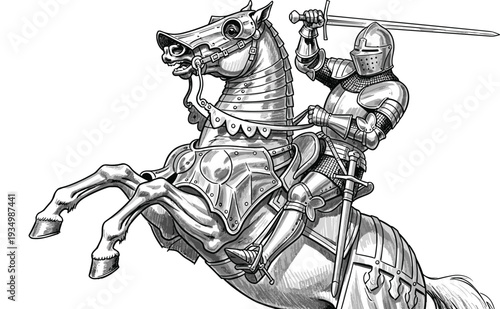 Medieval Armored Knight Riding Rearing Horse Vector Illustration with Raised Sword, Vintage Engraving Style Fantasy Warrior Artwork
