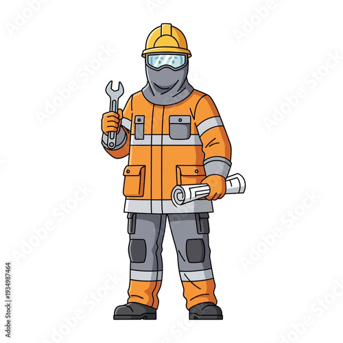 Construction worker in protective gear holding wrench and blueprint, ready for work