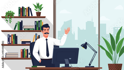 Friendly businessman with a mustache standing behind his desk and waving a hand in a bright modern office with a clear city skyline window view.