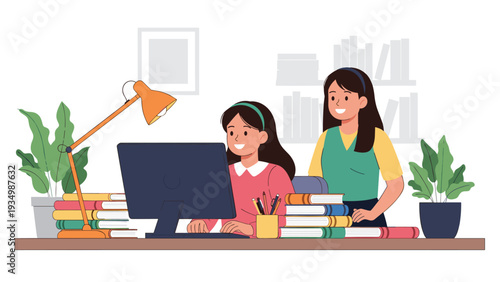 Two young girls are smiling and working together on a computer at a desk filled with many colorful books and a desk lamp.