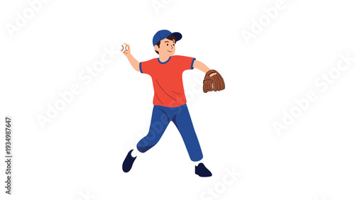 Young baseball player in a red shirt and blue cap is captured in motion while throwing a ball during a game or practice.
