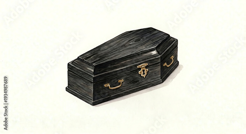 A poignant of a classic black casket with elegant gold accents, symbolizing final farewells, remembrance, and the quiet dignity of life's ultimate rest