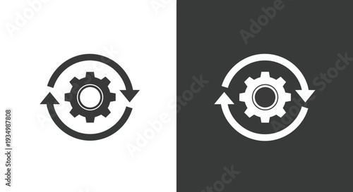 Simple vector graphic illustration showing gear mechanism within a circular refresh or process arrow cycle