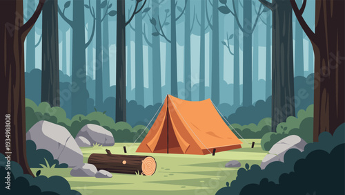 Bright orange tent is pitched in a clearing within a dense pine forest surrounded by large grey rocks and fallen logs.