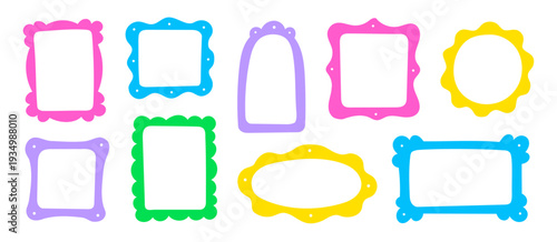 Frame border hand drawn cute set. Cute doodle frame border square, rectangle line photo picture shapes. Cartoon children kids bow scallop lace stamp retro vintage card. Vector illustration