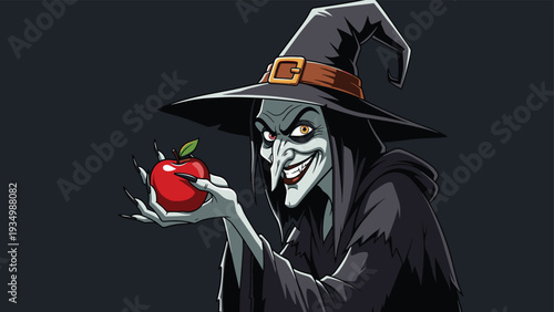 Creepy evil witch with a long nose and a pointed hat is smiling wickedly while holding out a poisoned red apple.