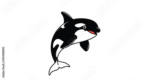 Friendly cartoon orca whale is jumping out of the water on a plain white background with a cheerful expression.