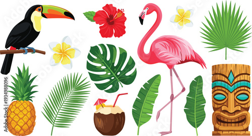 Tropical Paradise Vector Set Including Toucan, Flamingo, Pineapple, and Tiki Mask for Summer, Exotic, and Nature Designs"