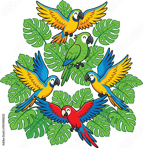 Colorful tropical parrots and macaws with monstera leaves exotic jungle birds decorative composition vector illustration