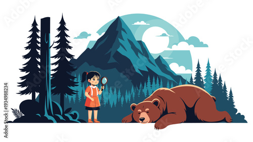 Little girl with a magnifying glass is observing a large brown bear sleeping in a mountain forest at night under a full moon.