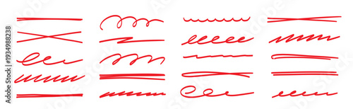 Red brush stroke underline collection. Marker pen highlight stroke pack. Vector swoosh brush underline set for accent, marker emphasis element. Vector illustration